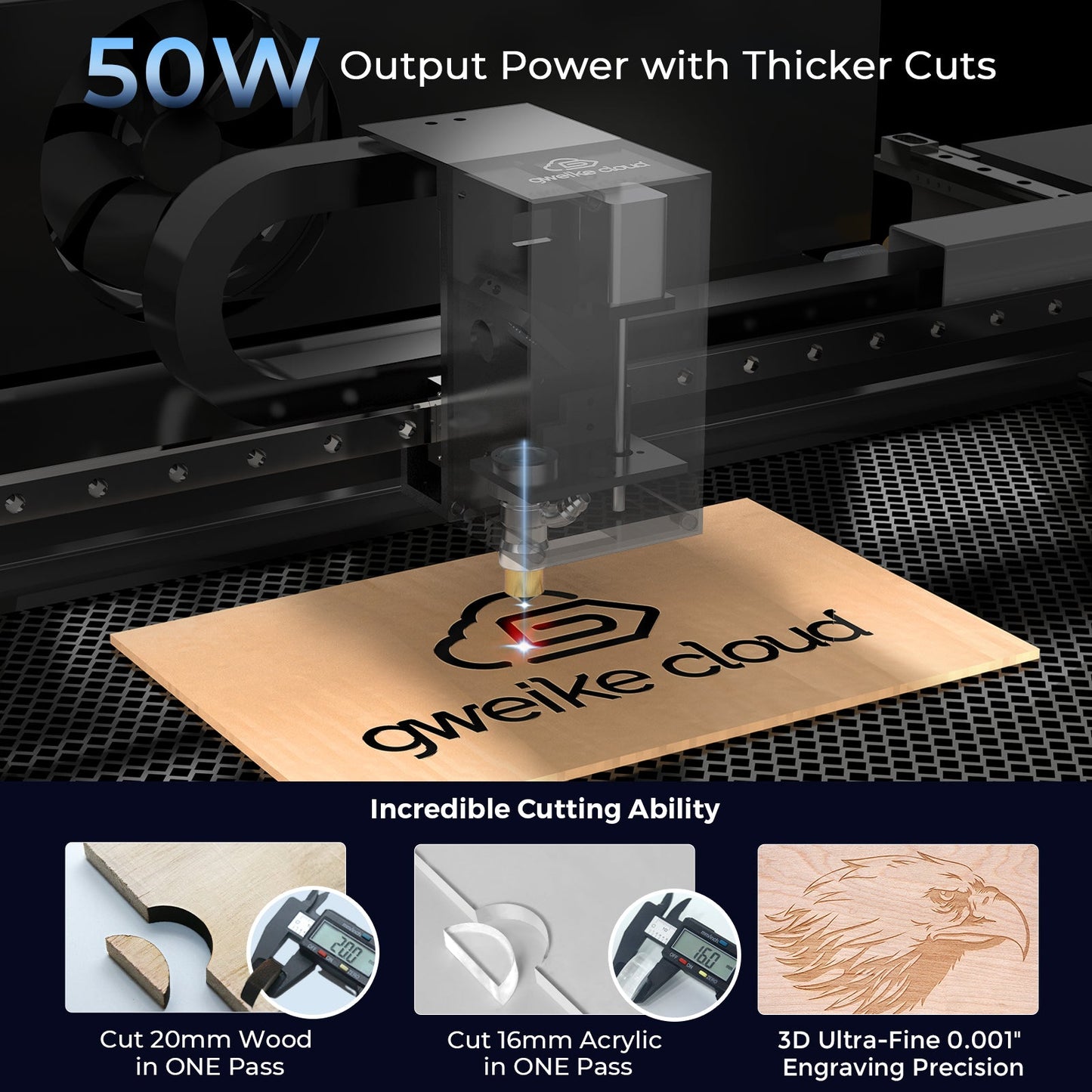 Découpeur et graveur laser Gweike Cloud Pro avec dispositif rotatif CO2 (50 W)