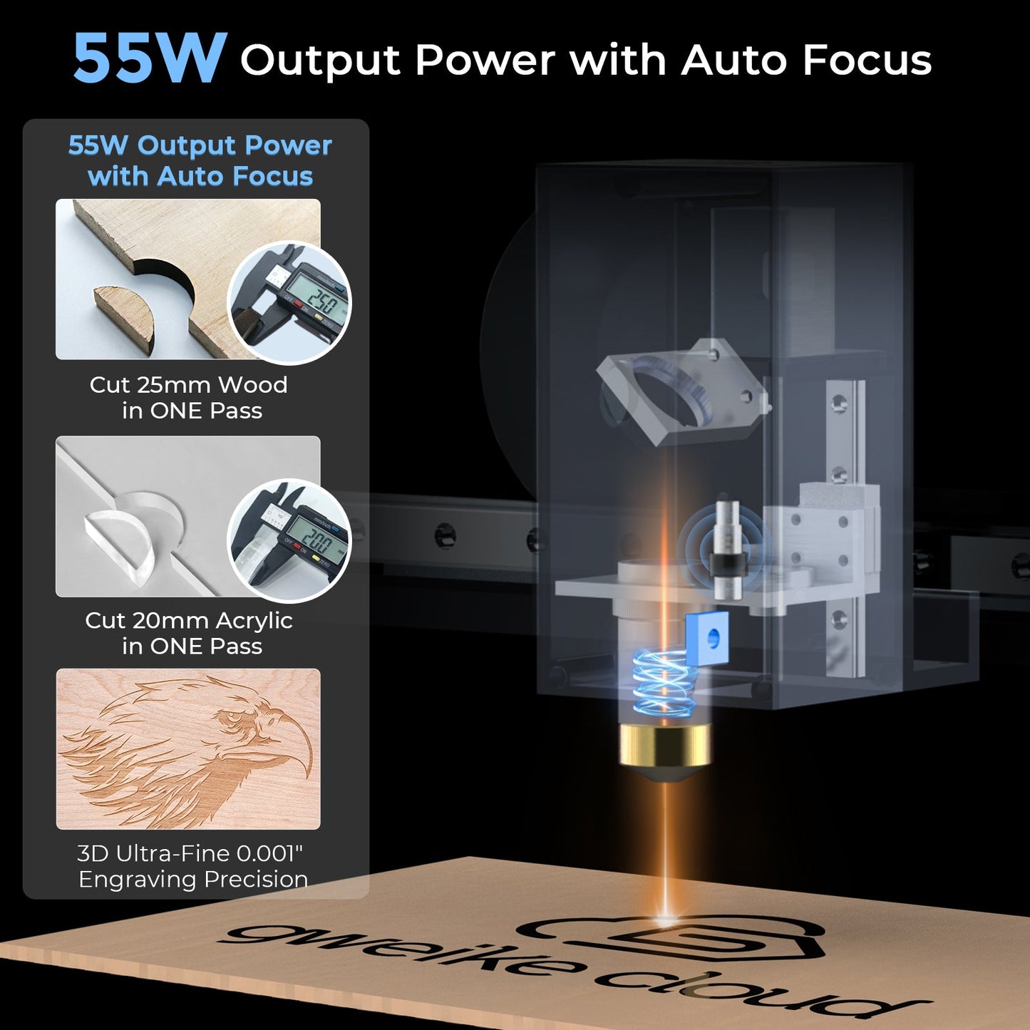 Découpeur et graveur laser Gweike Cloud Pro avec dispositif rotatif CO2 (50 W)